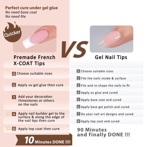 BTArtboxnails French Gel Nail Tips - French Tip Press on Nails Pink Long Square XCOATTIPS Pre-applied Tip Primer & Base Coat, No Need to File Fake Nails for Nail Art DIY Hot on Sale