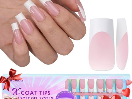 BTArtboxnails French Gel Nail Tips - French Tip Press on Nails Pink Long Square XCOATTIPS Pre-applied Tip Primer & Base Coat, No Need to File Fake Nails for Nail Art DIY Hot on Sale