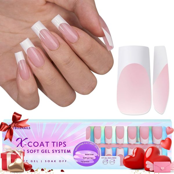 BTArtboxnails French Gel Nail Tips - French Tip Press on Nails Pink Long Square XCOATTIPS Pre-applied Tip Primer & Base Coat, No Need to File Fake Nails for Nail Art DIY Hot on Sale