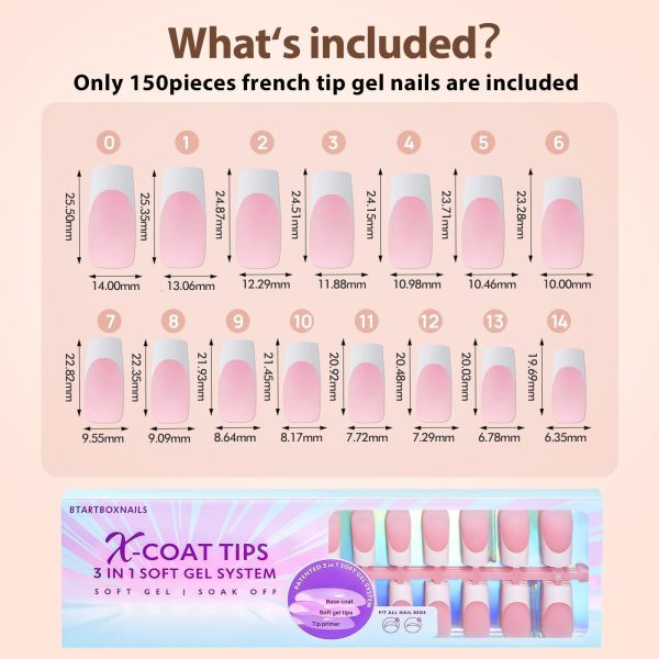 BTArtboxnails French Gel Nail Tips - French Tip Press on Nails Pink Long Square XCOATTIPS Pre-applied Tip Primer & Base Coat, No Need to File Fake Nails for Nail Art DIY Hot on Sale